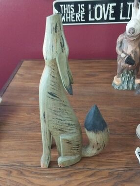 Howling Coyote Hand-Painted Wooden Sculpture
